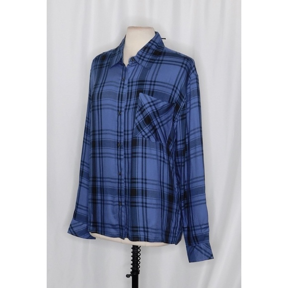 NWT!! WEWOREWHAT Boyfriend Shirt Plaid Navy Blue Collared Oversized Small Medium - Picture 6 of 15
